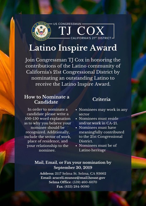 Congressman Cox, in honor of Hispanic Heritage Month, announces Latino Inspire Award